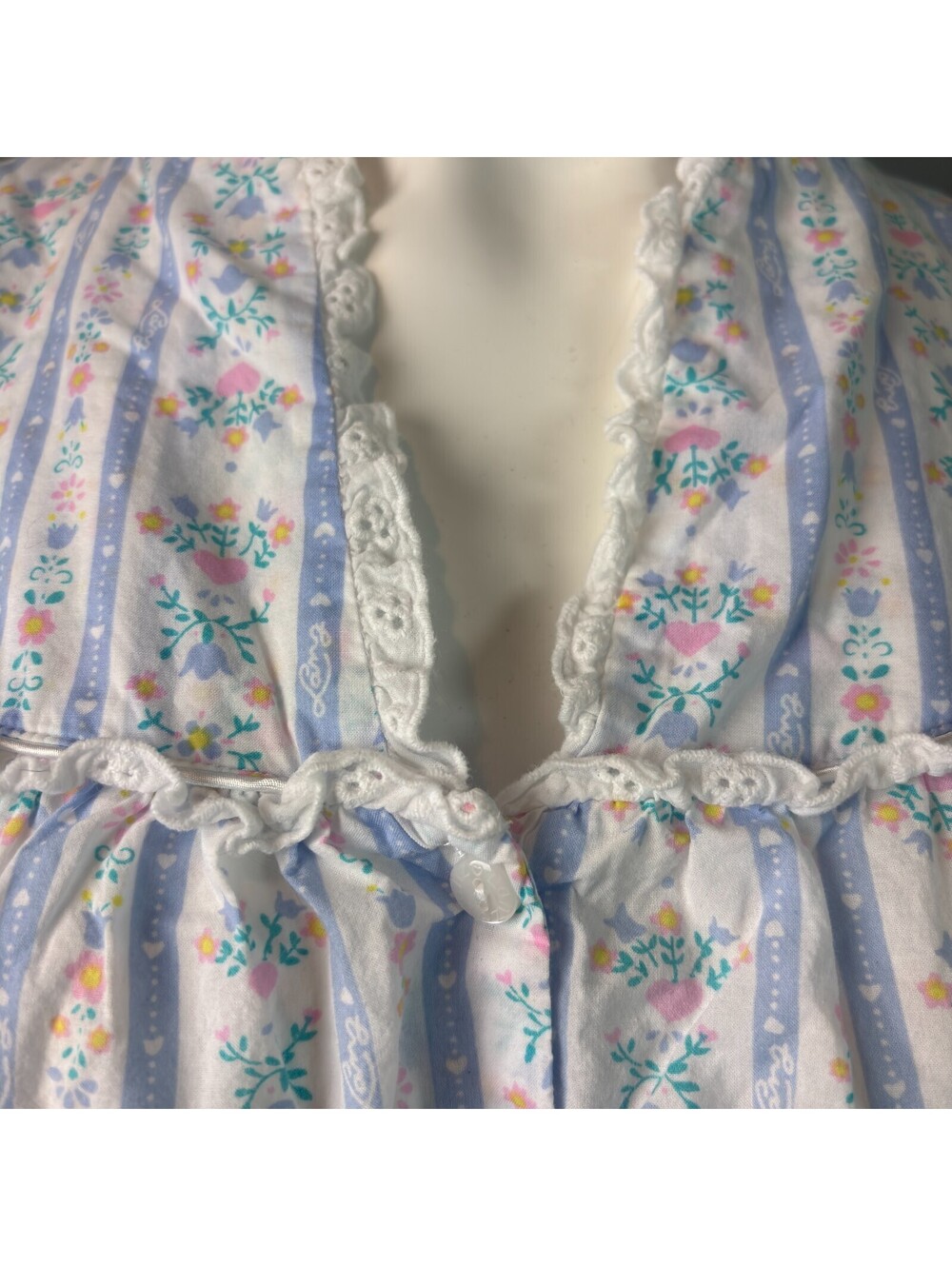 Lanz of Salzburg Long Nightgown Cotton Short Sleeve Floral White Blue Sz S - Picture 3 of 9